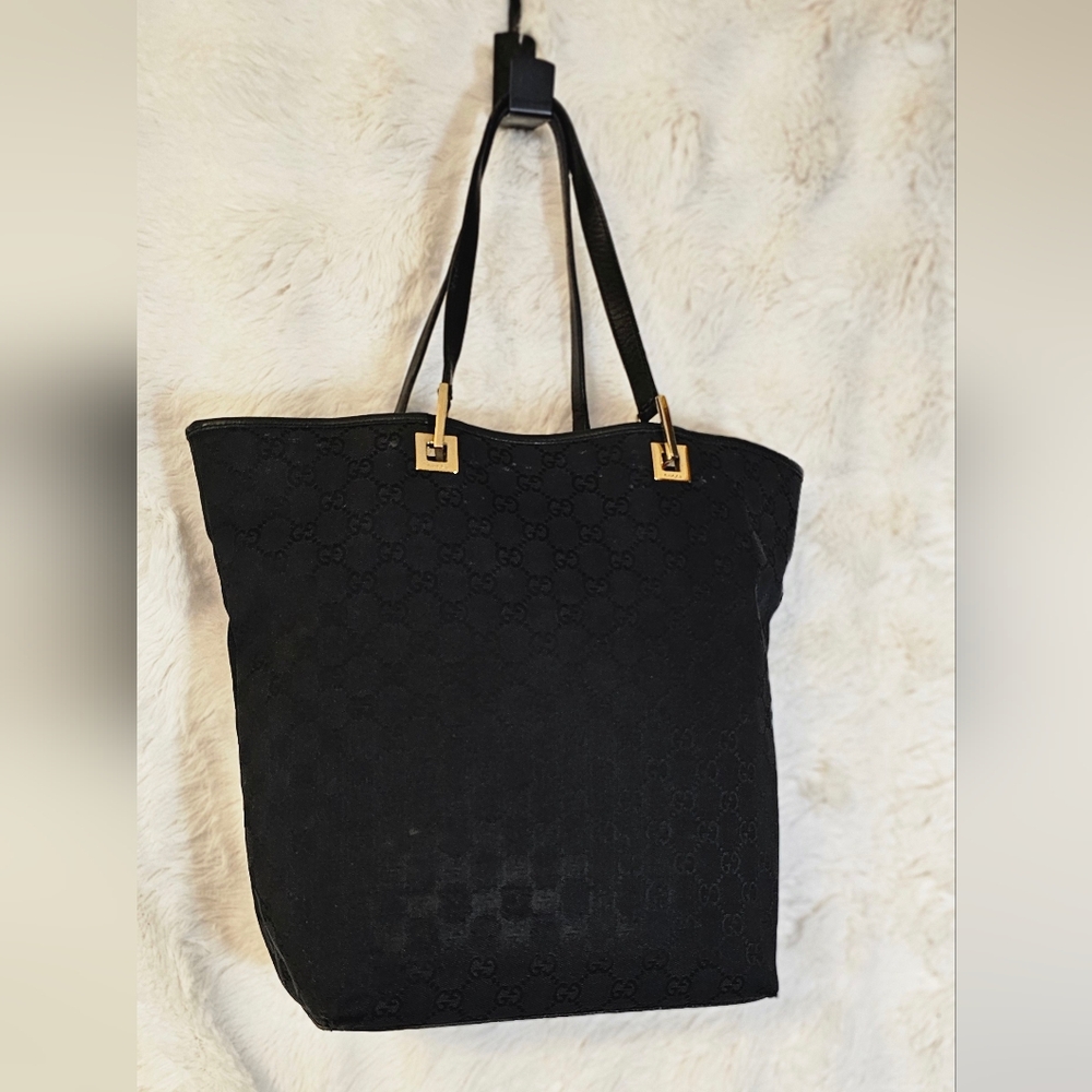 Gucci Black GG Canvas Tote with Gold-Tone Square Hardware